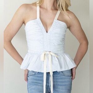 ULLA JOHNSON Merritt Top Peplum Corset Babydoll Cotton in Sea Glass - Size 0